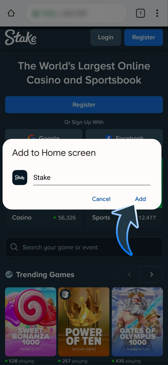 Type in app name and get Stake android PWA app.