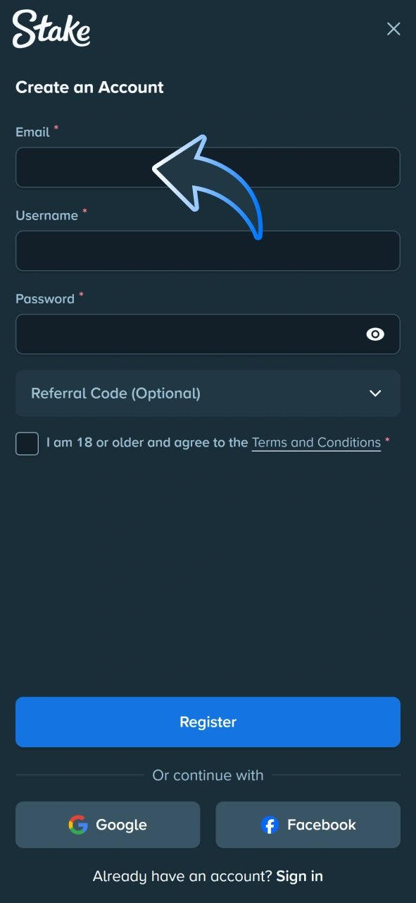 Fill registration form at Stake app.