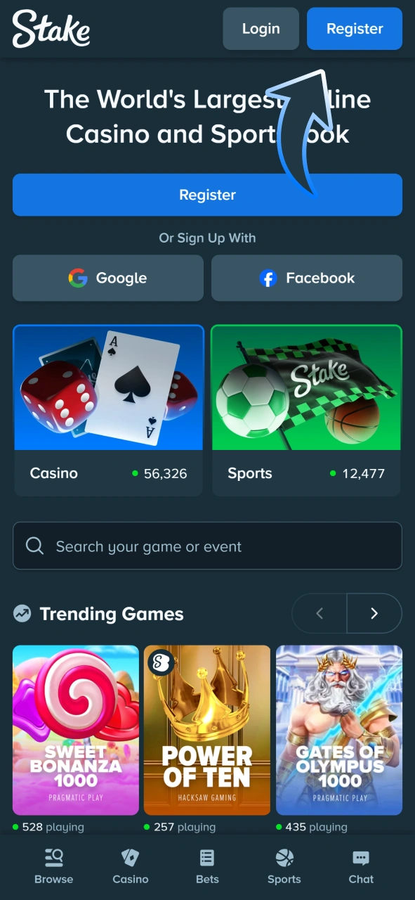 Find registration button to create your account at Stake app.