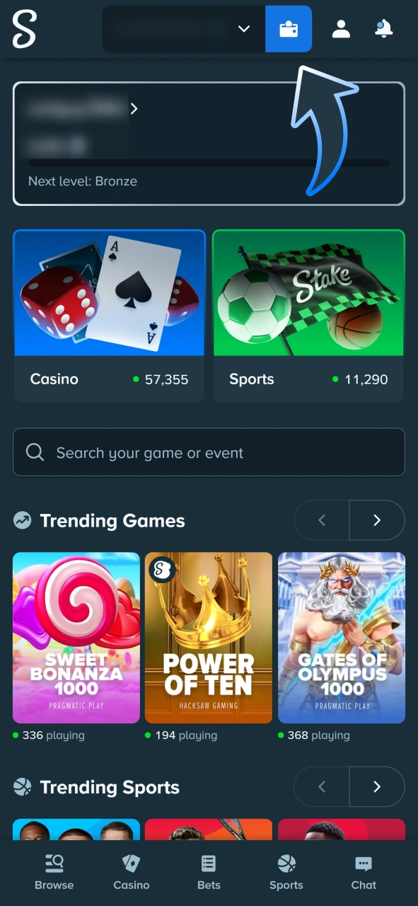 Top up your account for cricket betting at Stake.