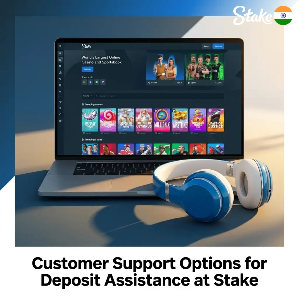 Stake customer support options including live chat, email, help centre, and social media for deposit assistance in India