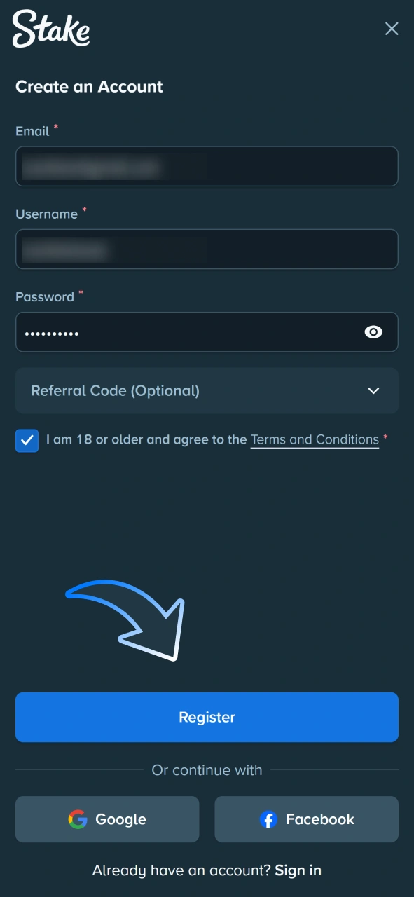 Click this button to join Stake casino and start playing.