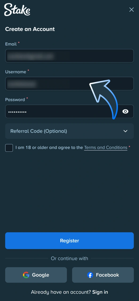 Fill email, username and password fields to make your Stake account.