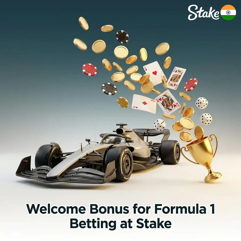 Stake welcome bonus for Formula 1 betting showing deposit match offer for new users in India